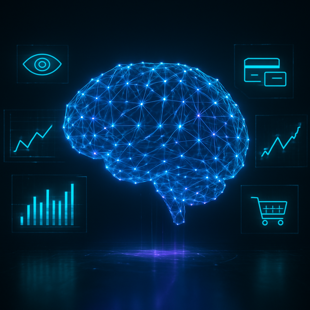 Cérebro de IA holográfico cercado por gráficos financeiros e ícones de auditoria, cartões, compras e caixa